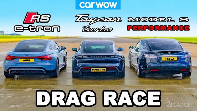 55216 "Битва" электрокаров на гоночном треке - Audi RS e-tron GT, Porsche Taycan и Tesla Model S (видео)